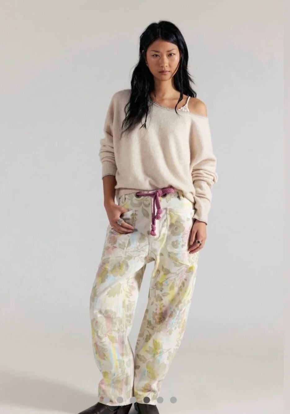 NWT Free People Moxie Printed Flocked Barrel Moxie Jeans | Floral Ivory | Sz 27